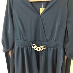 BloomChic Dark Teal Blouse with Acrylic Chain Detail and Tie Sleeves 14-16 NWT